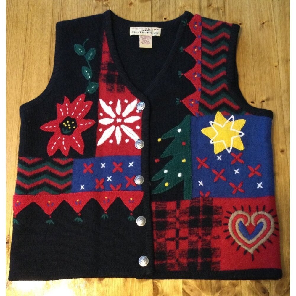 Vintage Telluride Womens Wool Holiday Vest Festive Embroidery M 3D Knit Patchwor